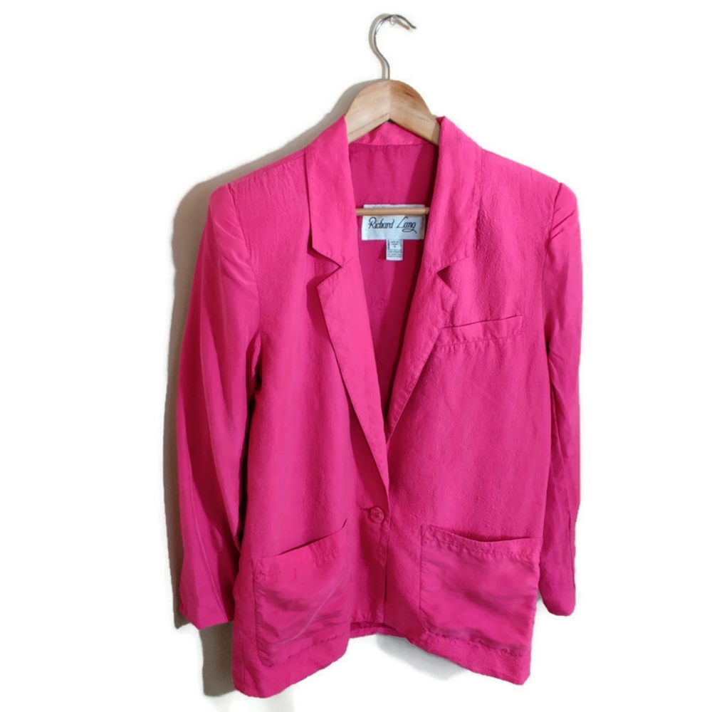 RICHARD LANG Women's Pink 100% Silk Long Sleeve 2 Button Down Blazer Jacket S